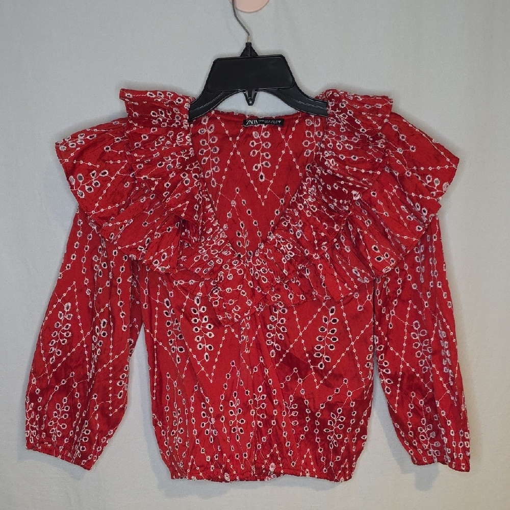 Zara Red Patterned Ruffle Puff Blouse